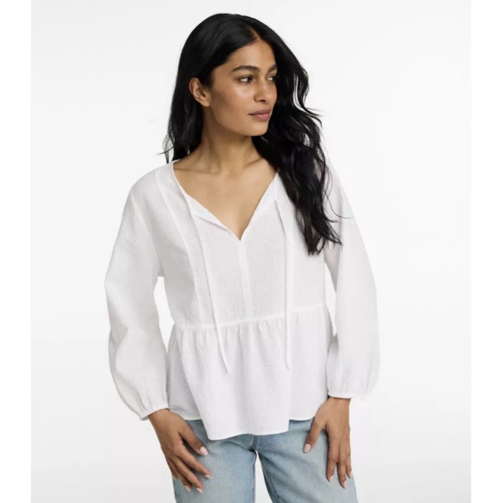 NWT L.L. Bean White Sunwashed Textured Popover Blouse Top Size XS NEW $69.95